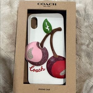 Coach White iPhone Case with Pink, Red & Green Cherry Appliqué